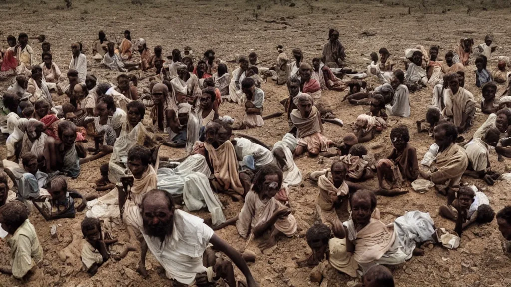 Prompt: 1984 Ethiopian famine and drought, movie scene, illustrative, hd, 4k, wide shot