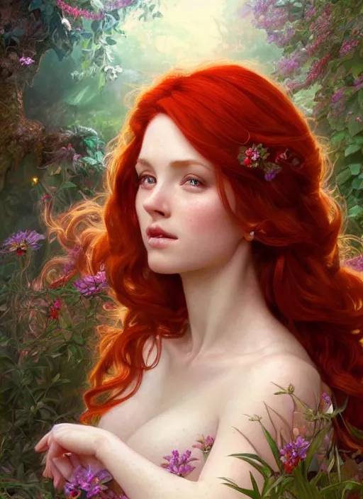 Prompt: a beautiful red haired woman as an angelic fairy princess in a garden, deep focus, d & d, fantasy, intricate, elegant, highly detailed, digital painting, artstation, concept art, matte, sharp focus, illustration, hearthstone, art by artgerm and greg rutkowski and alphonse mucha