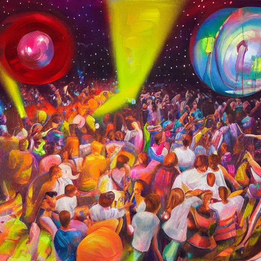 Image similar to a soft comfy bed, on the dancefloor at a disco, oil painting, hyperdetailed