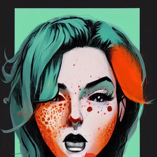 Image similar to Highly detailed portrait of pretty punk zombie young lady with, freckles and beautiful hair by Atey Ghailan, by Loish, by Bryan Lee O'Malley, by Cliff Chiang, inspired by image comics, inspired by graphic novel cover art, inspired by izombie, inspired by scott pilgrim !! Gradient orange, black and white color scheme ((grafitti tag brick wall background)), trending on artstation