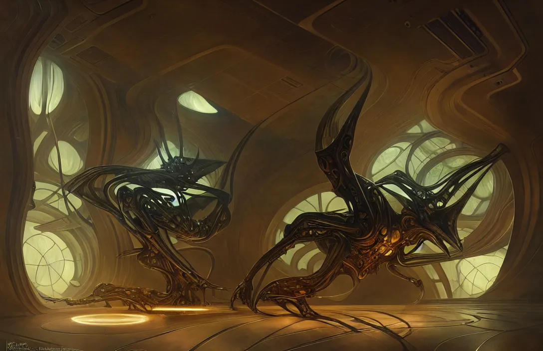 Image similar to interior of an evil alien insectoid spaceship, heroic lighting, sci-fi, intricate, elegant, highly detailed, lifelike, photorealistic, digital painting, artstation, illustration, concept art, smooth, sharp focus, art by John Collier and Albert Aublet and Krenz Cushart and Artem Demura and Alphonse Mucha