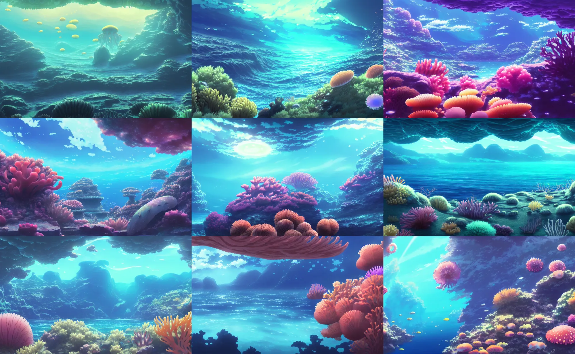 Prompt: an anime movie background matte painting of an underwater ocean reef, sea floor, caustics, coral, glowing jellyfish, fish, anemones, seaweed, by makoto shinkai, trending on artstation, highly detailed