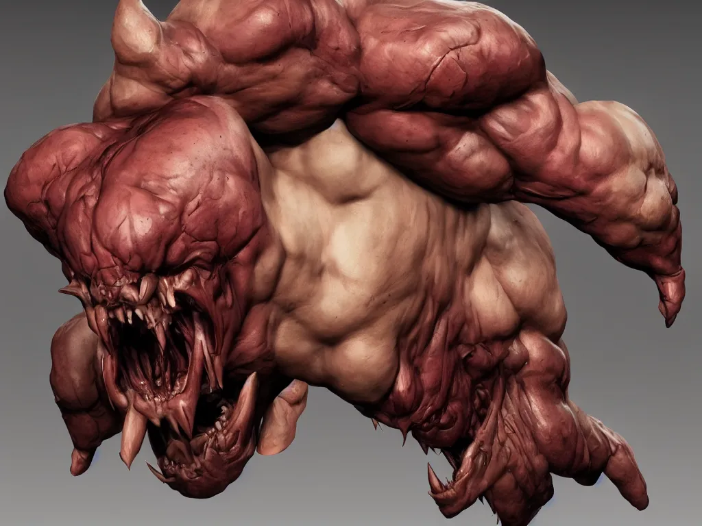 Image similar to doom, muscular body, chiroptera head, chiroptera ears, big sharp teeth, hyperrealism, artstation, cgsociety, zbrush, no background