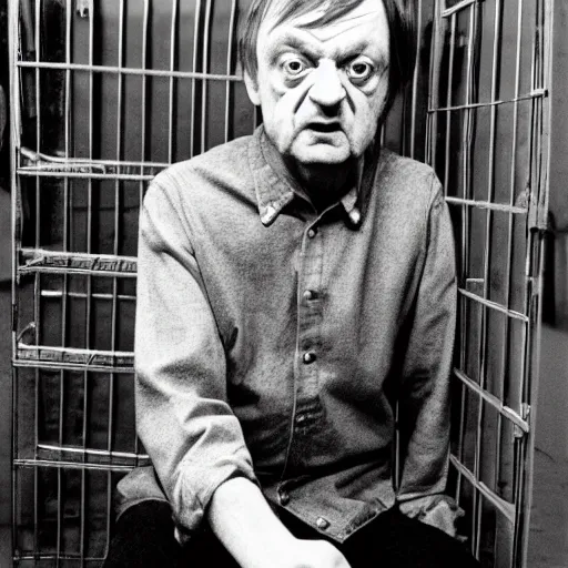 Image similar to mark e smith uncomfortably crouched in a small cage with a sign that says for sale