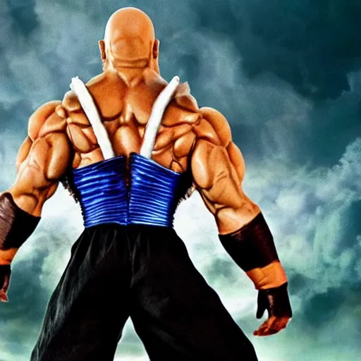 Image similar to photo of a live - action dragon ball z movie featuring dwayne johnson as nappa in full saiyan armor