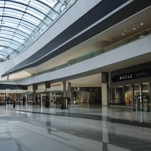 Prompt: A large modern mall with no one in it. Dream like, dark, muted colors.