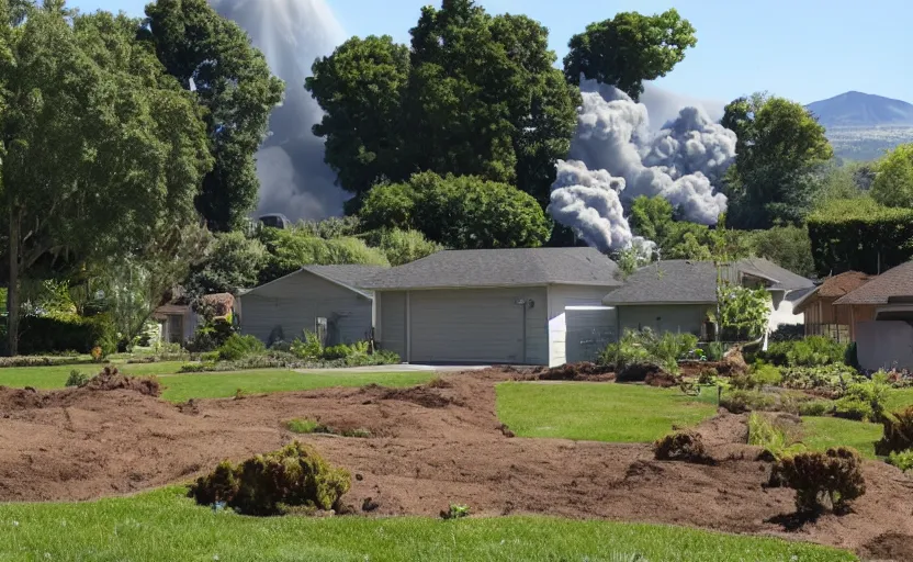 Image similar to suburban house and yard with small volcano erupting in the yard foreground, ground level