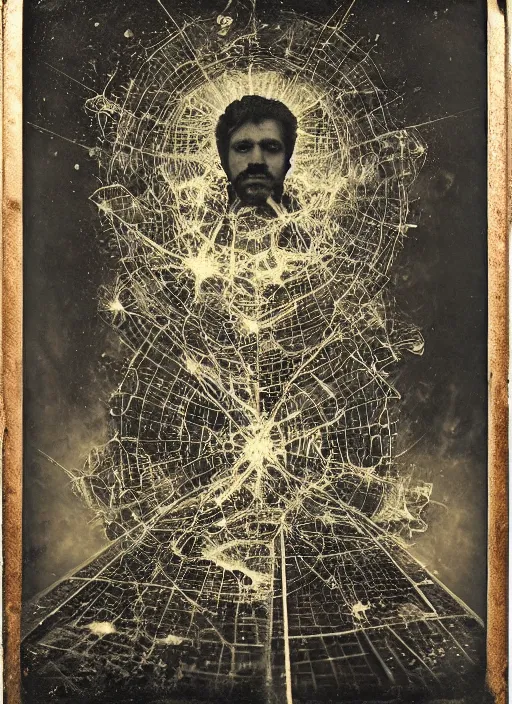 Image similar to old wetplate daguerreotype, portrait of god is a dj, explosion of data fragments, fractal, intricate, elegant, highly detailed, parallax, leica, medium format, subsurface scattering, by jheronimus bosch and greg rutkowski and louis jacques mande daguerre