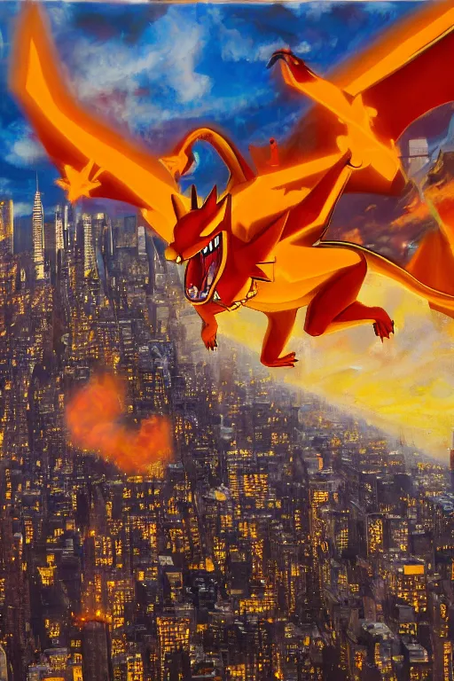 Prompt: charizard flying above new york, oil on canvas, intricate, 8 k highly professionally detailed, hdr, cgsociety