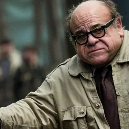 Prompt: a still of Danny DeVito in world war z