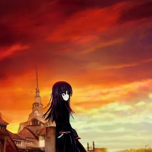 Image similar to 1 7 - year - old anime goth girl, black hair, long bob cut, long bangs, gothic coat, golden hour, partly cloudy sky, red clouds, orange sky, old town, futuristic old town, strong lighting, strong shadows, vivid hues, ultra - realistic, sharp details, subsurface scattering, intricate details, hd anime, 2 0 1 9 anime