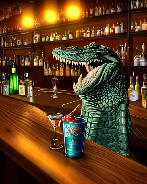 Prompt: a photo of an alligator serving drinks at a bar, fine - face, realistic shaded, fine details. realistic shaded lighting, artgerm, trending on art station