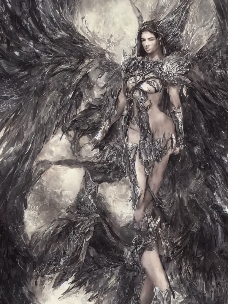 Image similar to 8K render! beautiful Adriana Lima in Skyrim MOD Angel Armor, wings wide opened , whole body heavily covered in elfish tattoos , intricate, elegant, highly detailed, digital painting, artstation, wallpaper!, concept art, smooth, sharp focus, high fantasy illustration, art by artgerm and Vasylina, and Peter Andrew Jones