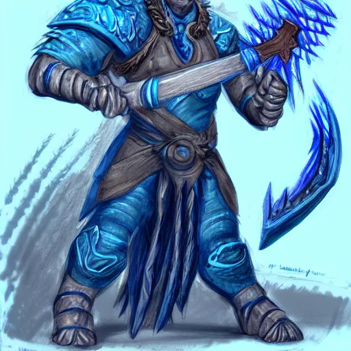 Image similar to fantasy concept art; portrait of a blue dragonborn wielding an axe; barbarian clothing; detailed sketch