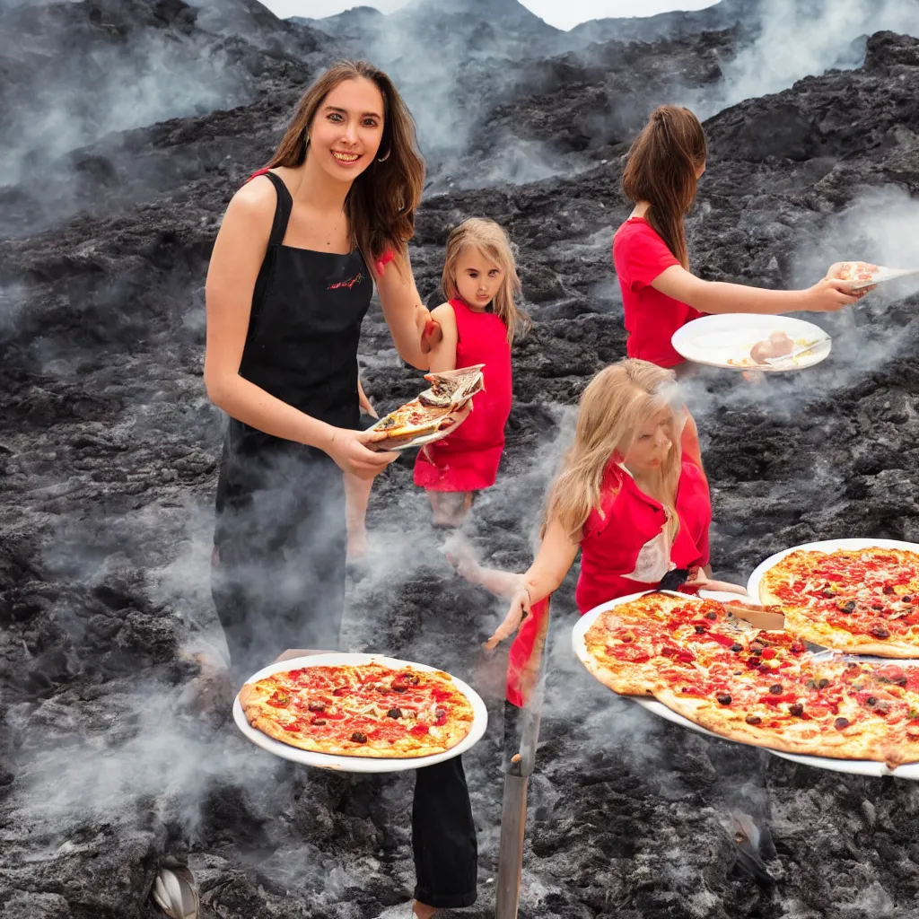 Prompt: professional photograph of a young sophia lauren serving pizza margherita in front of an active volcano, streams of lava, smoke, fire, beauty, vibrant colors, 8k