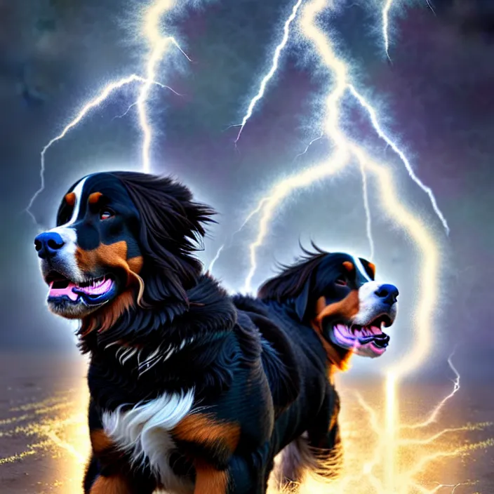 Image similar to a male human - bernese mountain dog hybrid as zeus, shooting lightning bolts from his paws, by greg rutkowski and alex grey, intricate details, artstation, furry, psychedelic, hd, beautiful