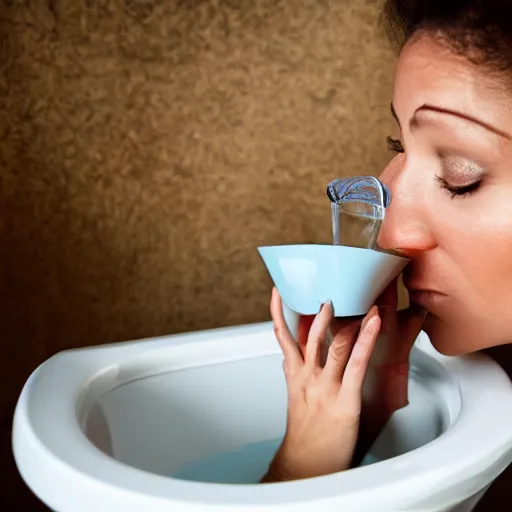 Image similar to photo of a woman drinking water from a toilet