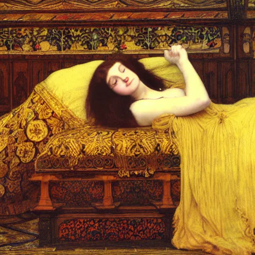 Prompt: preraphaelite photography reclining on bed, a hybrid of judy garland and eleanor of aquitaine, aged 2 5, big brown fringe, yellow ochre ornate medieval dress, john william waterhouse, kilian eng, rosetti, john everett millais, william holman hunt, william morris, 4 k