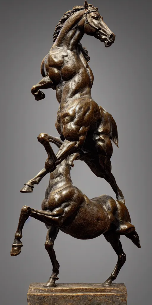 Image similar to detailed photo of an old bronze patina statue of a horse, various pose, photorealism, intricate detail, museum diffuse lighting