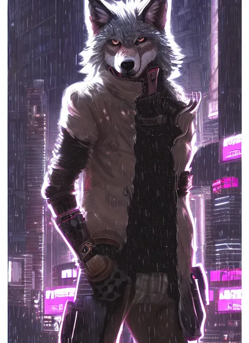 Image similar to character portrait of a male anthro wolf fursona with a tail and a cute beautiful attractive detailed furry face wearing stylish cyberpunk clothes in a cyberpunk city at night while it rains. hidari, color page, tankoban, 4K, tone mapping, Akihiko Yoshida.