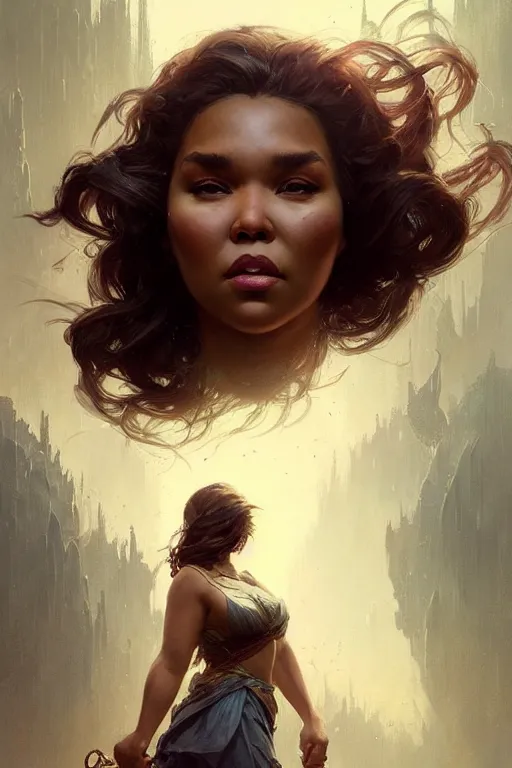 Image similar to lizzo profile picture by Greg Rutkowski, dynamic pose, matte painting, intricate, fantasy concept art, elegant, by Stanley Artgerm Lau, WLOP, golden ratio, thomas kindkade, alphonse mucha, loish, norman Rockwell,