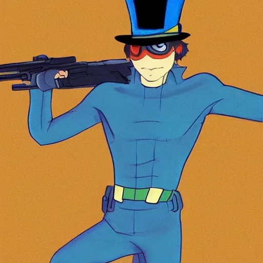 Prompt: superhero with tophat and a rifle in blue and yellow clothes, digital art, trending on artstation, by studio ghibli