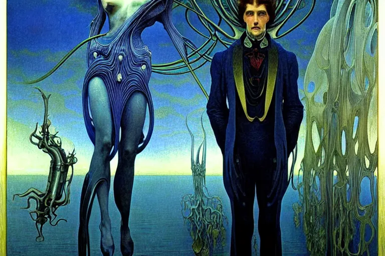 Image similar to realistic extremely detailed portrait painting of an elegantly creepy vampire man in cape, futuristic sci-fi landscape on background by Jean Delville, Amano, Yves Tanguy, Alphonse Mucha, Ernst Haeckel, Edward Robert Hughes, Roger Dean, rich moody colours, blue eyes