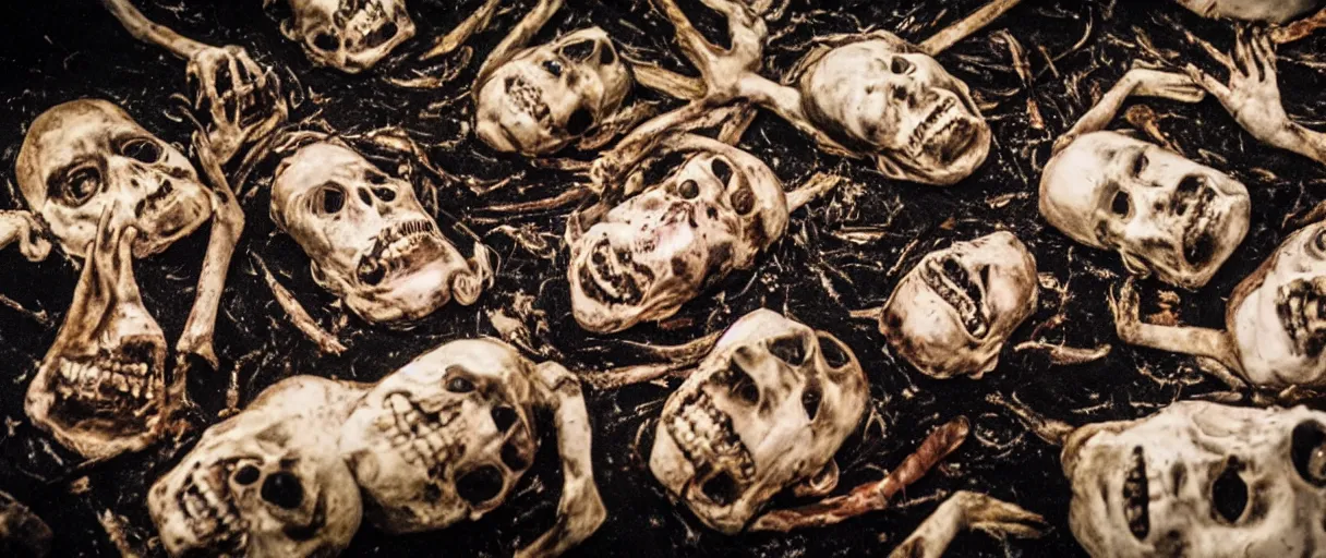 Prompt: filmic closeup dutch angle movie still 4k UHD 35mm film color photograph of a dozen burnt corpses with frozen pained expressions, on the floor of a a science lab , in the style of a 1980s horror film