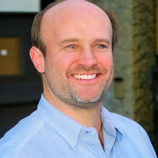 Image similar to color photograph of a balding, middle aged, brown haired, hairy, blue eyed, round faced, short white man dressed in a white shirt, smiling at the camera with perfect, straight white teeth