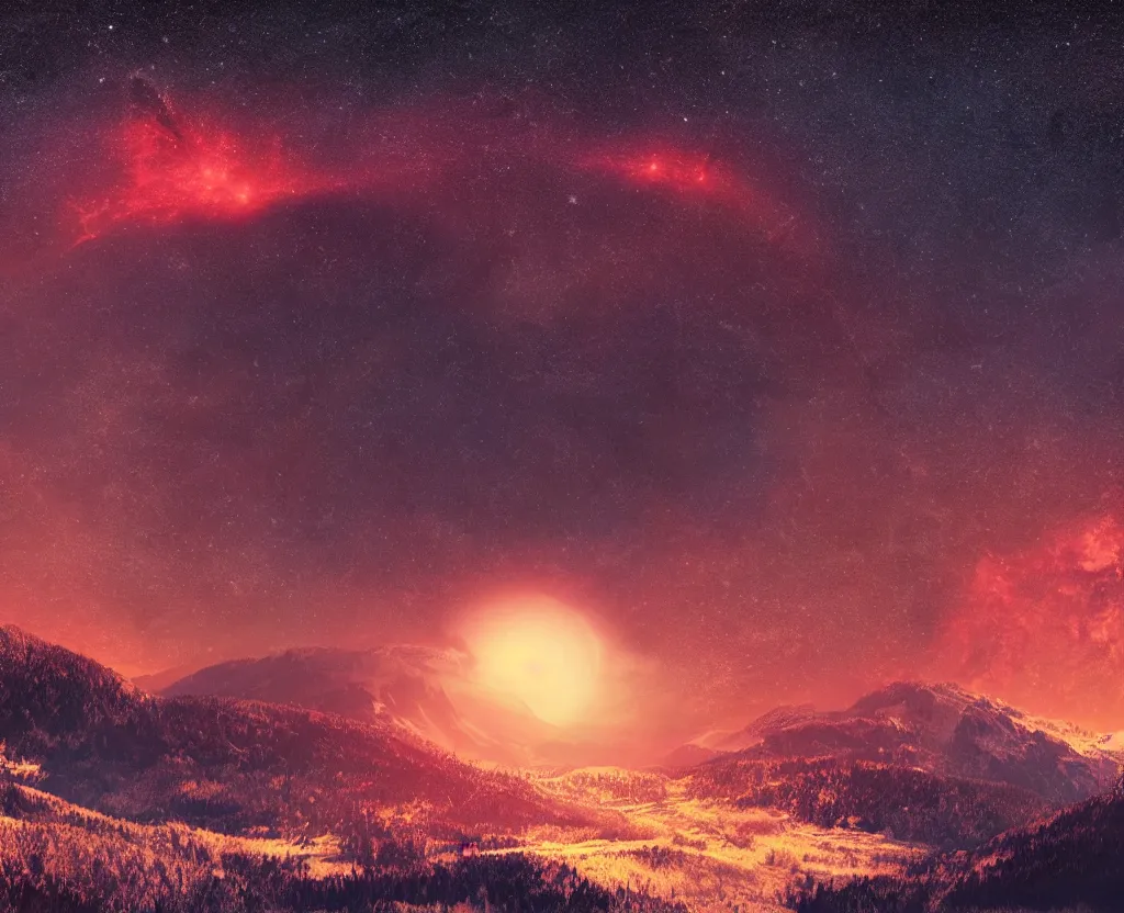 Prompt: A heavily-forested valley surrounded by snow-capped mountains, nighttime, orange gas giant, red nebula, no clouds, sci-fi, photorealistic, landscape