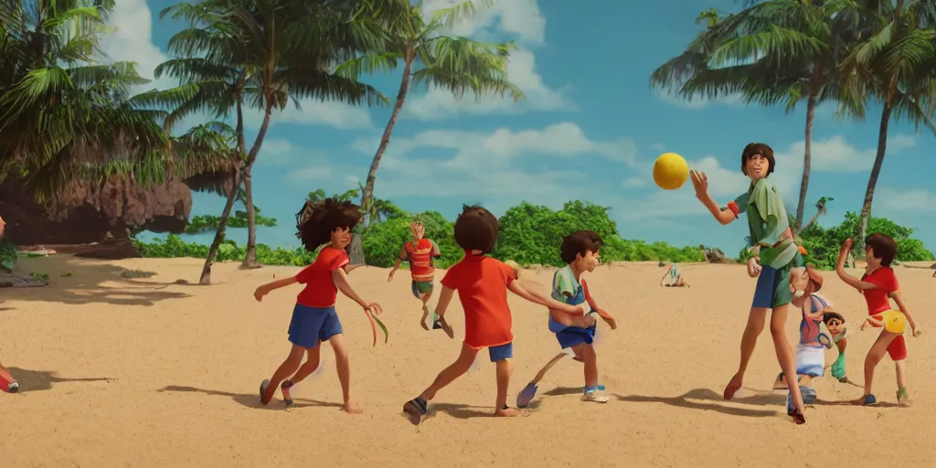 Image similar to a film still of a scene, where children playing football and badminton, a sunny and colourful beach scene in hawaii, the weather is very windy. wide shot, wes anderson, studio ghibli, pixar and disney animation, sharp, rendered in unreal engine 5, anime key art by greg rutkowski, bloom, dramatic lighting