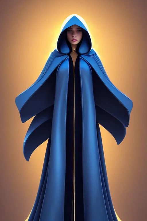 Image similar to detailed beautiful hooded noun in opened blue gold coat, seductive confident pose, attractive feminine curves, intricate details, futuristic, elegant cape, elegant, photorealism, trending on artstation, holy halo, advanced technology, art by moebius and vitaly bulgarov and chanthara