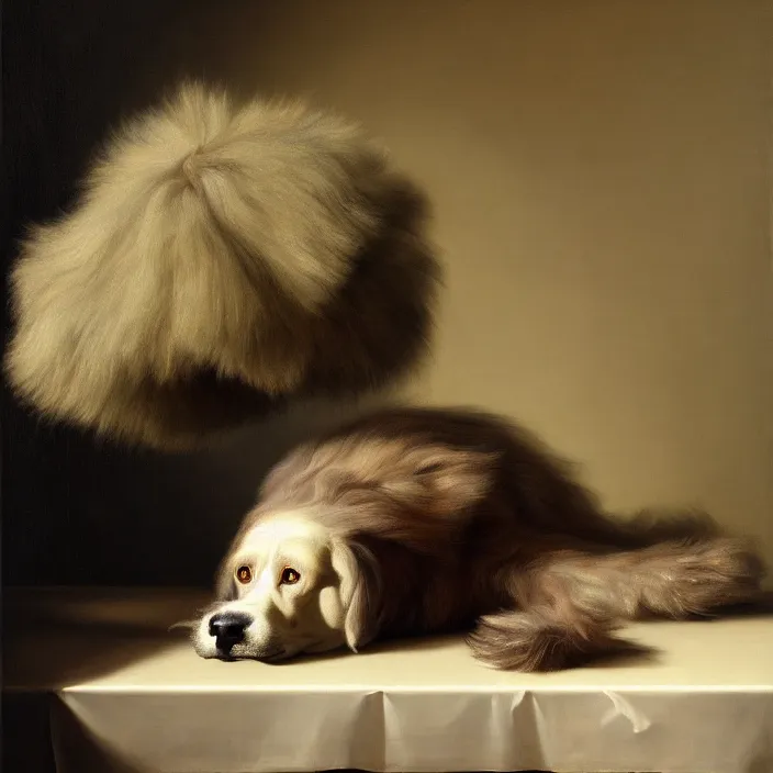 Image similar to still life painting of a beautiful cute purple hairy monster by pieter claesz, oil on canvas, strong lighting, highly detailed, hyper realism, golden hour, god rays, hd, 4 k