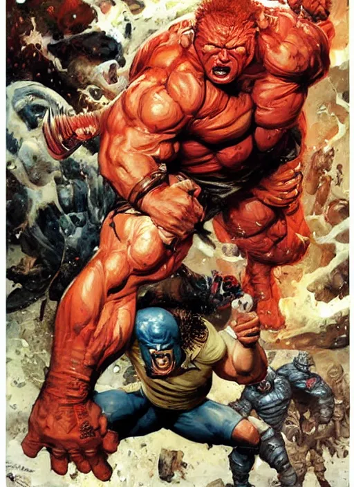 Prompt: full body and head portrait of brock lesnar as marvel juggernaut vs the thing, dynamic action, painted by norman rockwell and phil hale and greg staples and tom lovell and frank schoonover and jack kirby