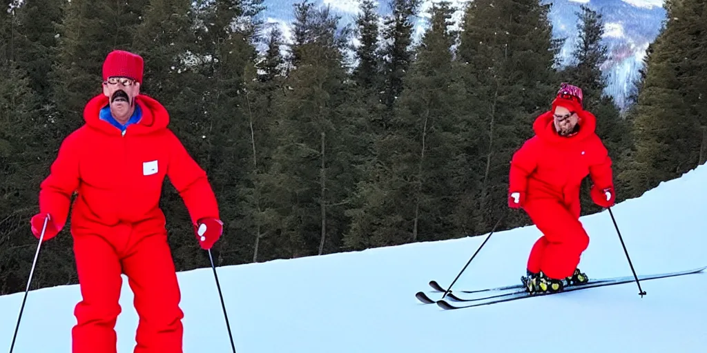 Prompt: sexy fit ned flanders!!!!!!!!!!!! skiing on the slopes wearing a red snowsuit ( ( ( matt groening cartoon! ) ) )