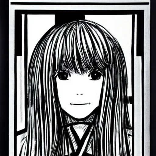 Image similar to A monochrome, symmetrical, police sketch of the face of Hatsune Miku, 1980s, drawn on paper