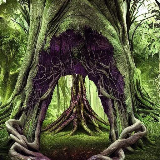 Prompt: horrific portal to hades embedded in a creepy tree in a densely overgrown, sombre, magical jungle, fantasy, dreamlike sunraise, ultra realistic, atmospheric, stopped in time, epic