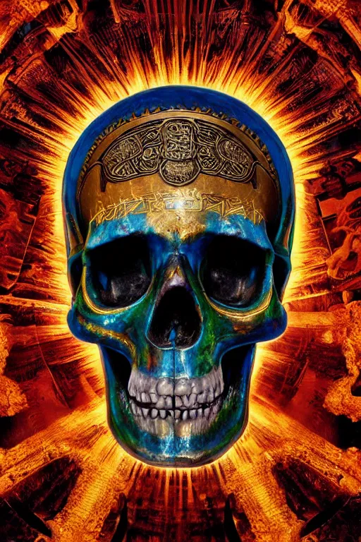 Image similar to 35 mm lens photo of chthonic skull lsd colors wearing a golden roman helmet with sharp teeth and rgb background smoke, direct sunlight, glowing, vivid, detailed painting, Houdini algorhitmic pattern, by Ross Tran, WLOP, artgerm and James Jean, masterpiece, award winning painting