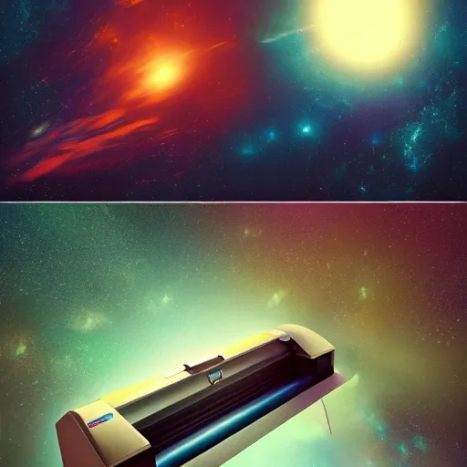 Prompt: a printer floating in the void of space, a long sheet of paper coming out of printer, bright stars, high quality art, trending on artstation