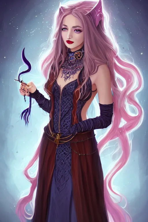 Image similar to a full body portrait of a gorgeous female sorceress, looking at camera, D&D, choker on neck, stylish dress with arcane symbols, very long flowing hair, intricate, elegant, stylish, cute slightly nerdy smile, mouth slightly open, fantasy, extremely detailed, digital painting, artstation, concept art, smooth, sharp focus, illustration, stunning lighting, art by artgerm and greg rutkowski and alphonse mucha and simon stalenhag