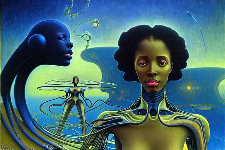 Image similar to realistic extremely detailed portrait painting of a beautiful black woman with a robot, futuristic sci-fi landscape on background by Jean Delville, Amano, Yves Tanguy, Mark Brooks, Alphonse Mucha, Ernst Haeckel, Edward Robert Hughes, Roger Dean, rich moody colours, blue eyes