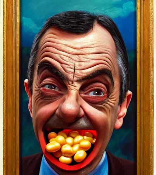 Image similar to mr bean covered in baked beans, surrealist oil painting, highly detailed