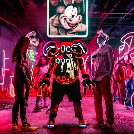 Prompt: a group of people standing around a giant bloody wounded head of mickey mouse, neon netflix logo, cyberpunk art by david lachapelle, cgsociety, sots art, dystopian art, reimagined by industrial light and magic, dark obscure neon concept art