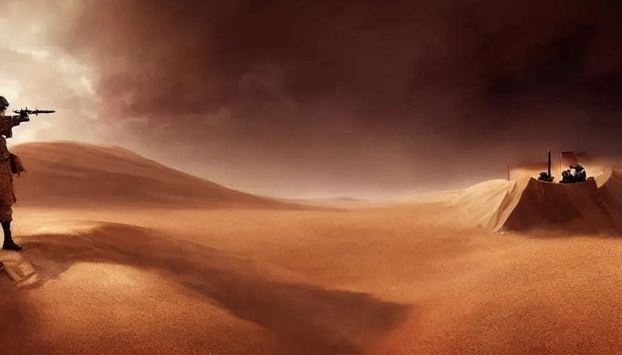 Prompt: giant sand deamon fighting beautiful digital painting of a soldier in a trench waiting for the war to end, in the sahara desert. cinematic lighting, atmospheric emotions by greg rutkowski,
