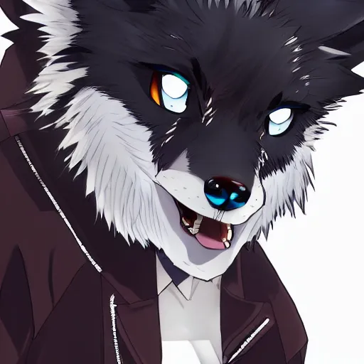 Image similar to key anime visual portrait of an anthropomorphic anthro wolf fursona, in a jacket, with handsome eyes, official modern anime art