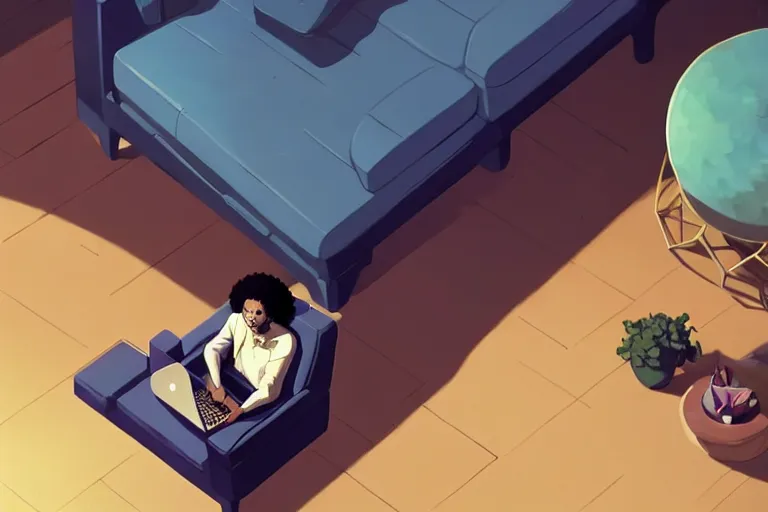 Image similar to a young afro man sitting on a sofa working on a laptop, wide angle shot from above, golden curve composition, animation portrait concept art, style of makoto shinkai, xision, james jean and peter mohrbacher, studio ghibli, artgerm, karol bak, dan mumford, 4 k hd, animation style