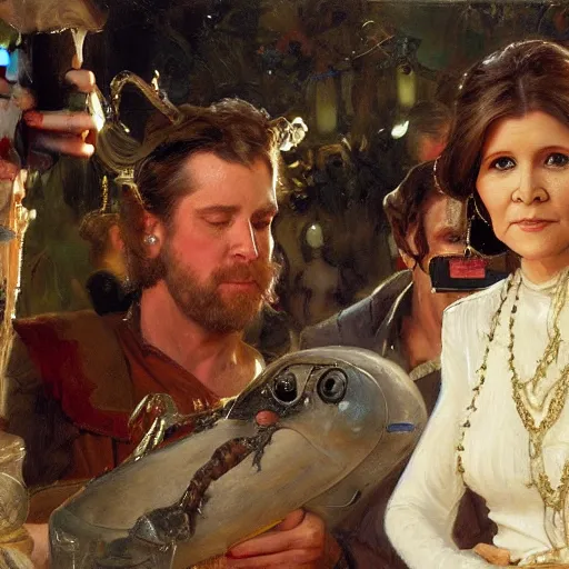 Prompt: carrie fisher attending a birthday party, highly detailed painting by gaston bussiere, craig mullins, j. c. leyendecker 8 k