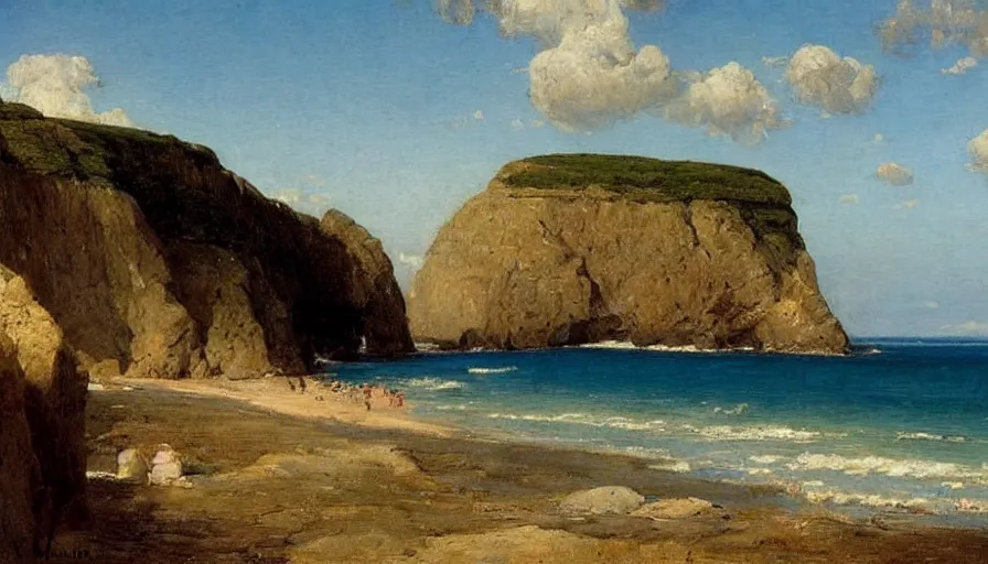 Image similar to a beautiful view of the cliffs at the beach, by william stanley haseltine