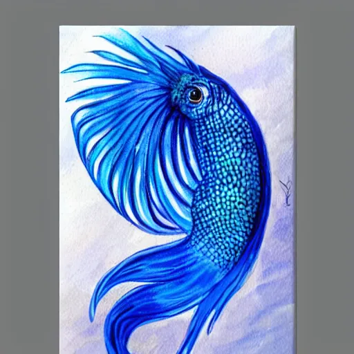 Prompt: blue betta fish dragon hybrid, long flowing fins, painterly