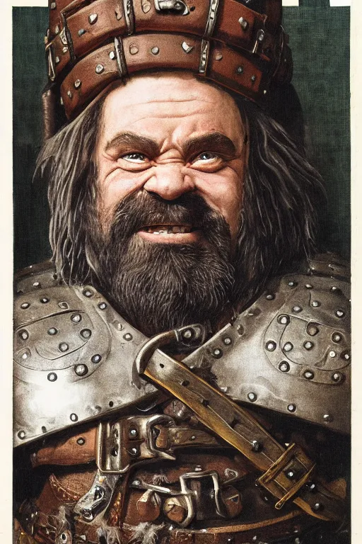 Image similar to head and shoulders portrait in a tavern of a dwarf adventurer, jovial, scarred lip, grandfatherly, leather armor, male, high fantasy, d & d, face details, extremely detailed, esquire magazine photo